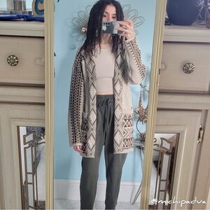 Lucky Brand Green and Brown Geometric Patterned Beige Sweater